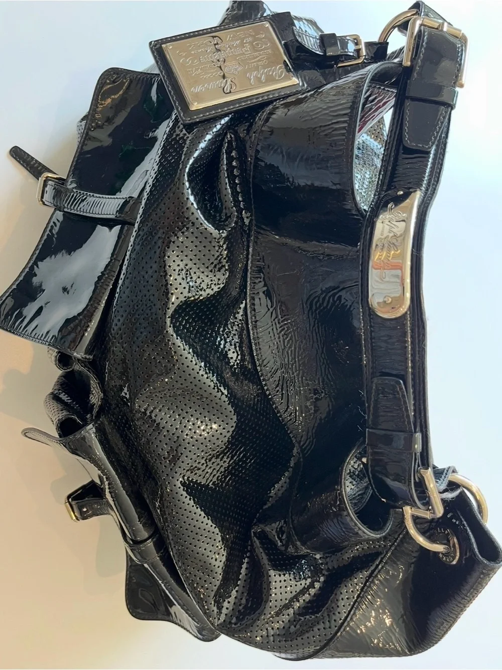 Ralph Lauren Collection Patent Perforated Leather Hobo Bag Black